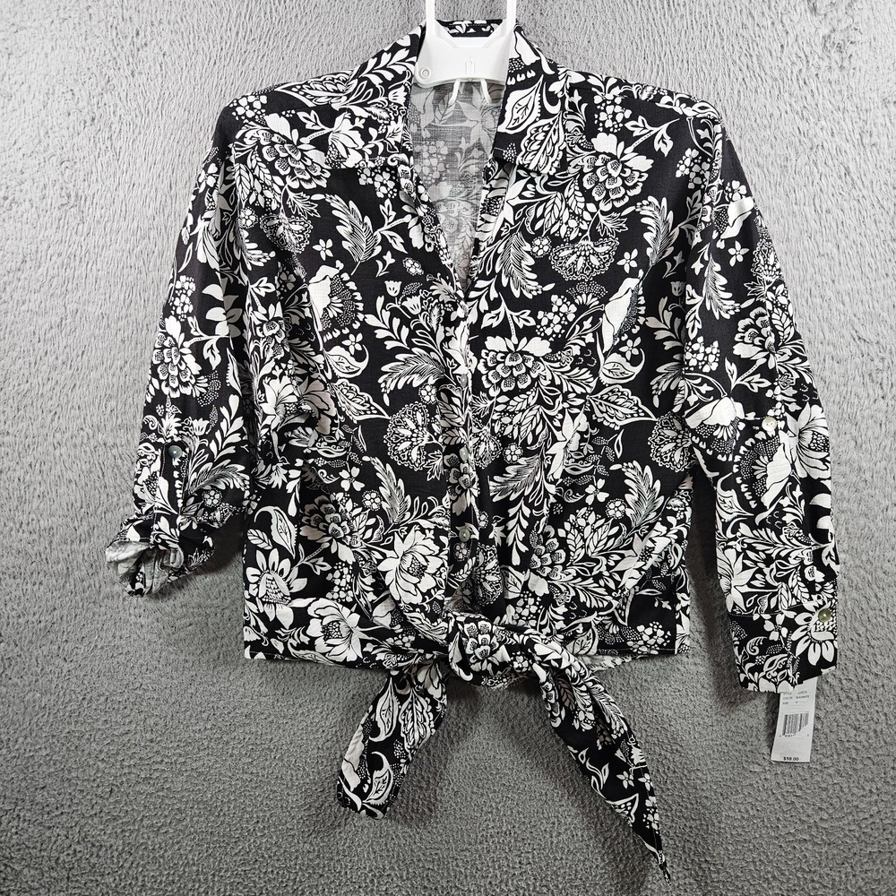 NEW Calessa Shirt Top Women Small Tie Front Floral Print Button Up Black White‎